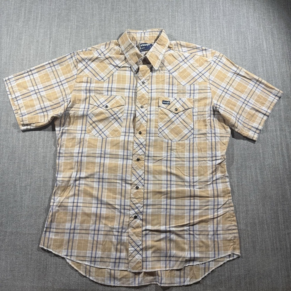 Vintage Wrangler Shirt Mens Large Beige Western Pearl Snap Short Sleeve Made USA